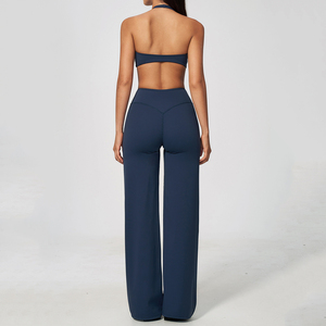 Ensemble 2 pièces de vêtements de yoga et de détente pour femmes, comprenant un soutien-gorge de sport bleu marine à col halter personnalisé et un pantalon long taille haute à jambes larges - Product Image 2