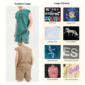 Wholesale Custom Logo High Quality Summer Sport Gym Jogger Street Wear Oversize Crewneck Gray Drawstring Tank <b>Top</b> Shorts Set Man - Product Image 3