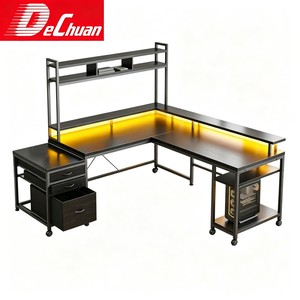 Escritorio de Computadora en <span class=keywords><strong>Forma</strong></span> de <span class=keywords><strong>L</strong></span> con Marco Metálico, Cajones, Luz LED y Estante Superior para Juegos en Casa, Venta al Por Mayor - Product Image 1