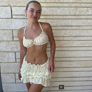 Setelan pakaian wanita, setelan 2 potong musim panas mode, atasan pendek, kerah persegi, pola Solid, panjang di atas lutut, gaya kasual - Product Image 6