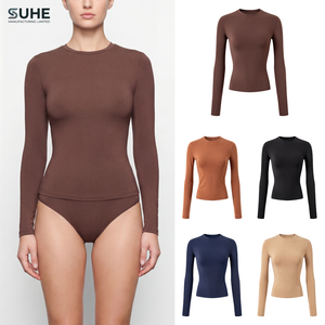 Camiseta ajustada de manga larga para mujer SUHE, sin costuras, cuello redondo, estilo bodycon, suave y elástica, básica para el día a día, top ajustado. - Product Image 1