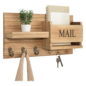Wooden Wall Mounted Entryway Key Storage Rack Mail Organizer With <b>Hooks</b> And <b>Shelf</b> For Home Use - Product Image 1