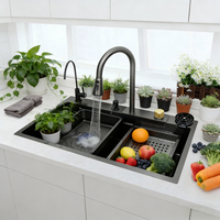 Évier de cuisine multifonctionnel en acier inoxydable fait main 75x46x22cm, évier simple avec robinet cascade, quatre trous, design riche en accessoires