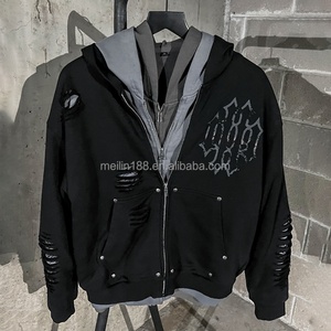 Custom Heavyweight Streetwear Hoodies for Men Boxy Fit Cropped <b>Zip</b> <b>up</b> <b>Jackets</b> Distressed Triple Layer Hoodies Manufacturer - Product Image 2