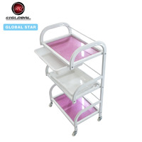 Carrito de Belleza de 3 Niveles con Marco Blanco y Malla Rosa, con Bandeja Lateral Adicional, Carrito Rodante Móvil para Herramientas de Spa