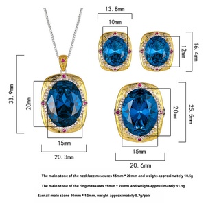 Fashion Jewelry Eco-friendly Copper Gold Plated 15*20/10*12MM Blue Zircon Anti Tarnish Jewelry Wholesale Necklace and Earing Set - Product Image 2