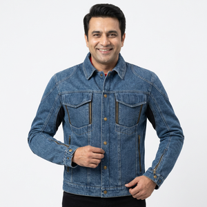 New Trending Style Casual Men's <b>Denim</b> <b>Jacket</b> Stand Collar Front Logo Solid Color Standard <b>Lightweight</b> - Product Image 1