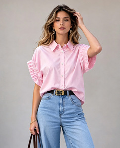 Hot Sale Women Lapel Blouse Loose Fit Ruffle <b>Flutter</b> Short <b>Sleeve</b> Casual Shirt Daily Ladies Collared <b>Top</b> - Product Image 3