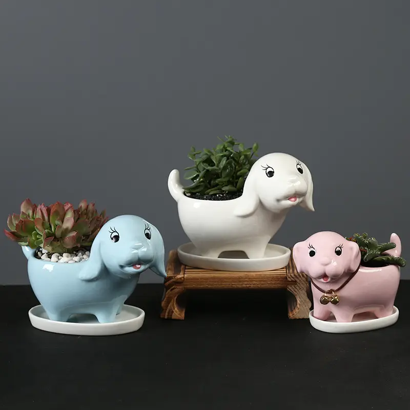 Ceramic Cute Dog Succulent Planter Pot with Drainage Tray Flower/Cactus Container Animal Bonsai Holder for Indoor Plants