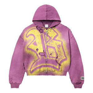 Mens Purple Distressed <b>Hoodie</b> with Yellow <b>Graphic</b> Vintage Style <b>Zip</b> <b>Up</b> Streetwear Casual Oversized Sweatshirt for Trendy Urban - Product Image 1