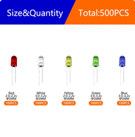 Diode électroluminescente LED F5 5mm en boîte - 5 couleurs - 100 pièces par couleur - Total 500 pièces
