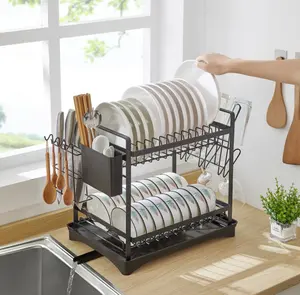 Household Kitchen 2-Tier Tableware Storage Rack Kitchen Drain Dish Rack Dish Drying Rack With Utensil Holder And Cup Holder