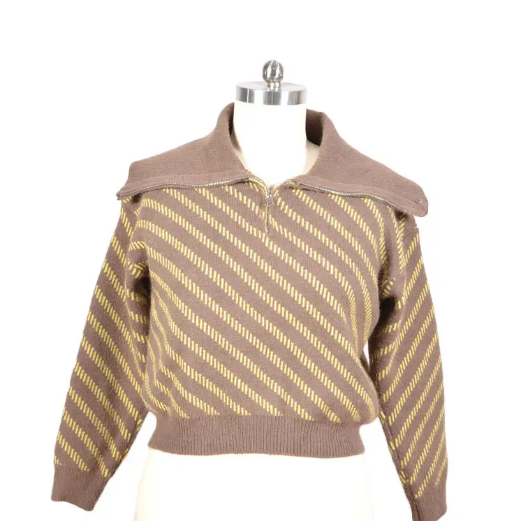 Custom Striped Brown Short Style Pullover Acrylic Wool Knitted Sweater For Women