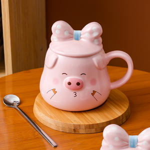 Creative Pink Girl Cartoon <strong>Pug</strong> Shaped Ceramic <strong>Mug</strong> With Handle and Bow Lid Porcelain Breakfast Coffee Cup Beer Milk Hot Thermal - Product Image 1