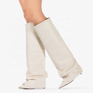Pleated Upper Thin High Heel Pointed Toe Overlay <b>Shoes</b> Dress Stiletto Pants Boots Women's Folded Over Knee High Booties - Product Image 1