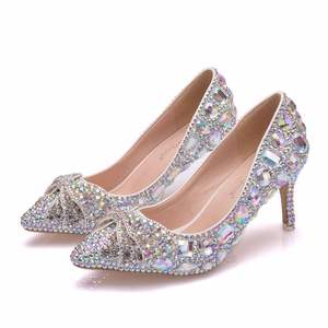S453A 7 cm Aschenputtel Kristall Diamant Bogen Kristall Plus Größe Brautjungfer Party Hochzeit High Heel Schuhe - Product Image 1