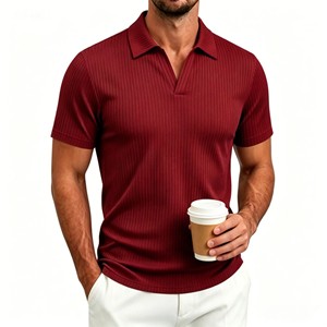Polo à manches courtes en tricot uni pour homme, coupe classique, texture côtelée, disponible en plusieurs couleurs - Product Image 2
