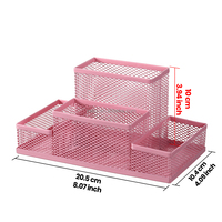 Organisateur de bureau carré en métal durable rose à 4 compartiments, personnalisable, avec porte-stylos et crayons en maille élégante pour bureau, salle de classe, maison, école