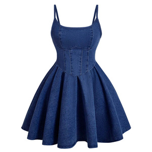 Nouvel arrivage de robe d'été en denim lavé pour femmes avec bandoulière fine coupe Aline décontractée et confortable - Product Image 1