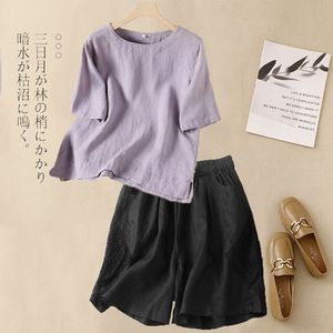 Women's Cotton Linen Short Sleeve T Shirt Set Loose Casual Breathable Elastic Waist Shorts Artistic Retro Summer Style - Product Image 4