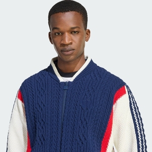 Bomber da <span class=keywords><strong>uomo</strong></span> su misura con strascico lavorato a maglia maglione con righe Varsity <span class=keywords><strong>Cardigan</strong></span> tricolore in maglia rossa, bianca e <span class=keywords><strong>blu</strong></span> - Product Image 4