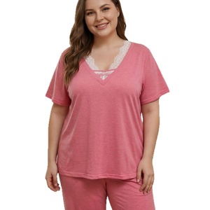 Pyjama <span class=keywords><strong>Femme</strong></span> <span class=keywords><strong>Grande</strong></span> <span class=keywords><strong>Taille</strong></span> en Dentelle Col V Couleur Unie Doux et Attrayant Ensemble Deux Pièces Manches Courtes Vêtements <span class=keywords><strong>de</strong></span> <span class=keywords><strong>Nuit</strong></span> pour la Maison Vente en Gros OEM/ODM - Product Image 5
