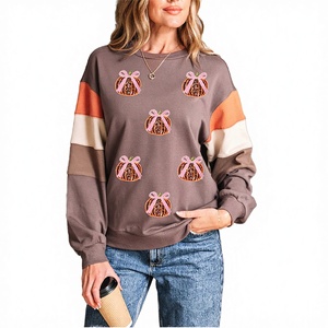 Dear-Lover En gros Sweat-shirt tricoté décontracté couleur kaki foncé, patchwork color block, nœud à sequins et motif citrouille, Automne Hiver Printemps - Product Image 2