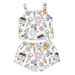 Vente chaude Rétro Filles été Personnalisé deux pièces haut à bretelles court short assorti Beaux enfants Filles vêtements ensembles