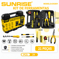 Kit d'outils à main pour la maison SUNRISE 21 pièces avec pinces, tournevis, embouts, douilles, couteau utilitaire, mètre ruban et étui pour les réparations domestiques
