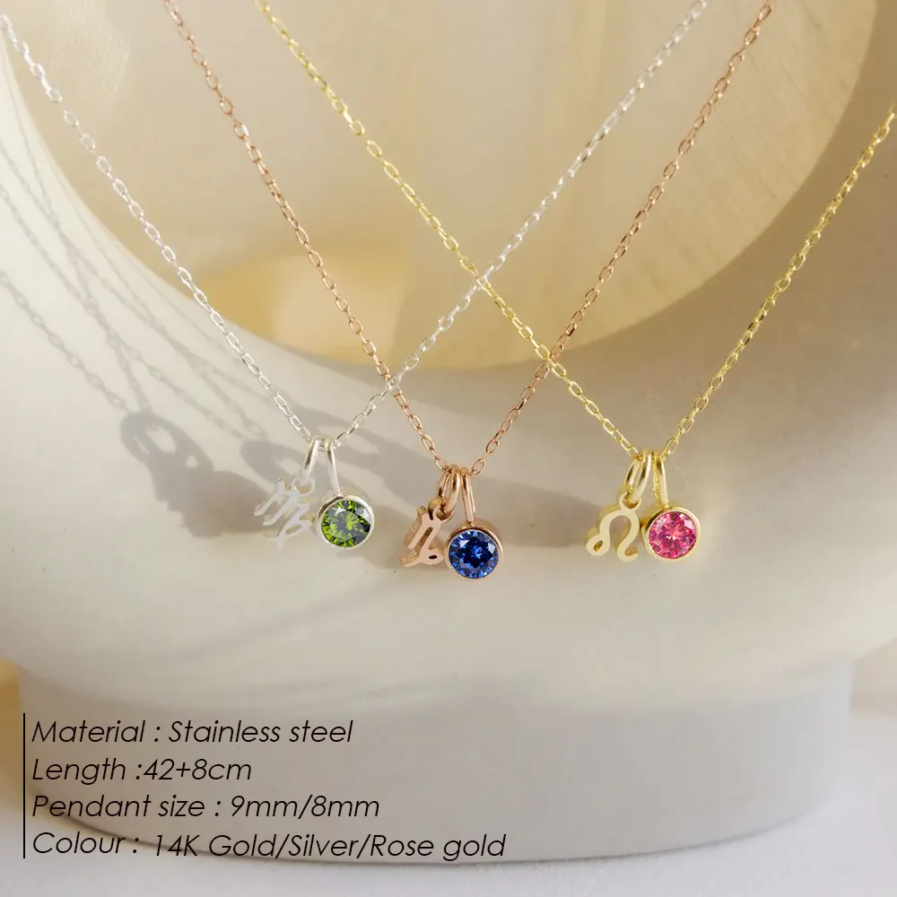 EManco Birthstone takımyıldızı çift kolye kolye 12 zirkonya paslanmaz çelik takı DIY kolye doğum günü hediyesi