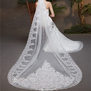 RESV08 New Design Luxury Embroidered <strong>Sparkling</strong> Lace Edge Sequins Cathedral Wedding Bridal Long <strong>Veil</strong> with Flower and Comb - Product Image 1