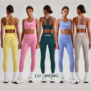 Conjunto de yoga de <span class=keywords><strong>2</strong></span> piezas para mujer: Top deportivo nude con espalda cruzada y leggings de yoga con control de abdomen, ropa deportiva y activewear. - Product Image 1