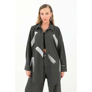 It'Ssh You Women's Contrast Color Twill Shirt Button <b>Down</b> Casual Everyday Anthracite - Product Image 2