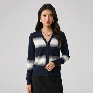 Fashionable 100% Wool Color-Block Stripe Knit <strong>Lightweight</strong> <strong>Cardigan</strong> Casual Long Sleeve Sweater <strong>for</strong> Spring <strong>Summer</strong> Daily Wear - Product Image 2