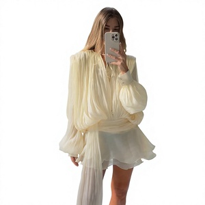 SHENZHU 2026 Spring New Women's Vintage Casual Summer Neck <b>Lantern</b> Long Sleeve Knotted Pleated Waist Slim Fit Fabric - Product Image 4