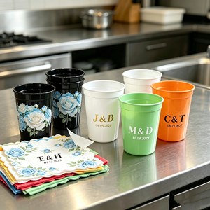 Gobelet réutilisable en plastique personnalisé de 9 oz, 16 oz, 20 oz, 32 oz pour fêtes, cola, bière, avec logo, serviette et porte-bière isotherme - Product Image 1