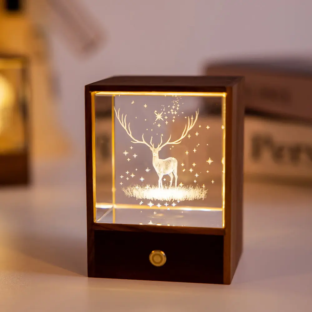 Scatola di legno 3D intagliato cristallo incisione luce notturna Led lampada in legno luminoso Base lampada da tavolo dimmerabile regalo camera da letto