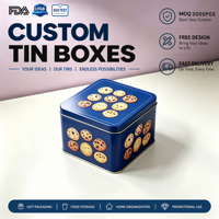 Meilleures ventes d'usine : Boîtes de rangement métalliques personnalisées en fer blanc recyclé de qualité alimentaire pour biscuits, boîte cadeau carrée bleue taille 90-90-55mm personnalisable
