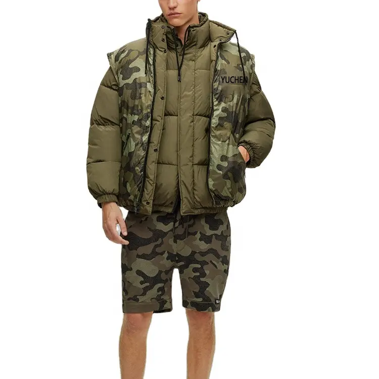 Camo grafik geri dönüşümlü dolgu pamuk ördek aşağı kaz Zip yelek ceketler erkek yastıklı kapitone Anorak standı yaka balon ceket