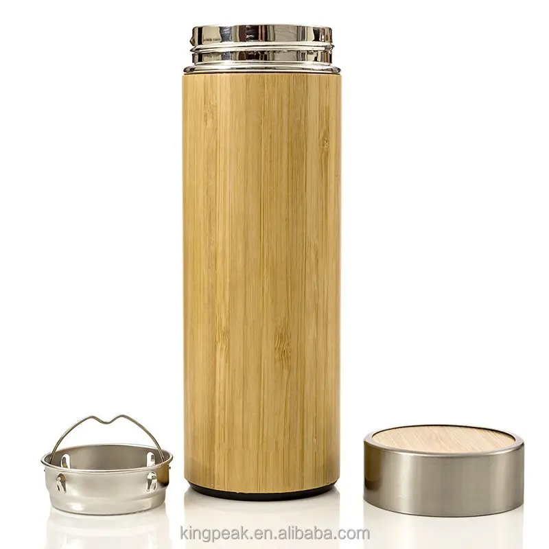 Tumbler bambu dengan saringan teh, botol Infuser kopi, daun longgar, Mug teh perjalanan baja anti karat, terisolasi vakum 17oz