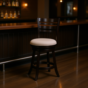 Counter Height <b>Bar</b> <b>Stool</b> 24 Inch Slat <b>Back</b> <b>Swivel</b> Espresso Finish Beige Fabric Seat <b>Bar</b> Furniture - Product Image 2