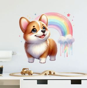 Cartoon Fun Pet Corgis with butterfly or <b>rainbow</b> Wall Stickers Children's Bedroom Living Room Background Wall Decoration - Product Image 5