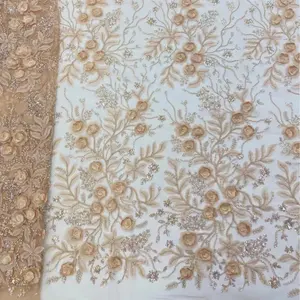 Хит продаж, кружевная ткань из тюля с вышитым 3d цветочным узором и блестками для свадебного платья