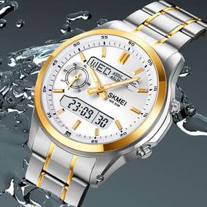 SKMEI นาฬิกาข้อมือดิจิทัลกันน้ำสำหรับผู้ชาย, นาฬิกาสแตนเลสสตีลมี3เวลาด้าน<span class=keywords><strong>หลัง</strong></span>มีไฟ<span class=keywords><strong>นับ</strong></span>ถอย<span class=keywords><strong>หลัง</strong></span>นาฬิกาควอทซ์สปอร์ตสำหรับผู้ชาย - Product Image 4