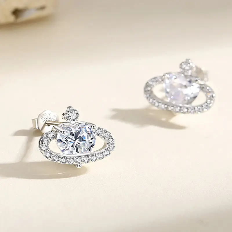 925 Sterling Silver Rose Gold Plated Zircon Heart Planet Stud Earring For Women Fashion Jewelry Statement Luxury Earring
