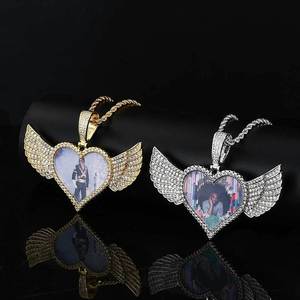 Angel Wing Heart Photo Hip Hop Pendant Custom Real Gold Plated Prong Setting 925 Silver Moissanite Bling <b>Iced</b> <b>Out</b> Jewelry - Product Image 1