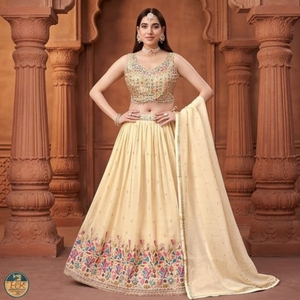 Women Designer Beige Embroidered Sleeveless <b>Lehenga</b> Choli with Flared <b>Skirt</b> and Matching Dupatta Set Indian Ethnic Party Wear - Product Image 2