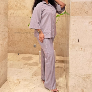 Plus Size Casual Women's Collared Striped Cardigan Shirt Wide-Leg <b>Pants</b> African 2-Piece Set Fashion - Product Image 3