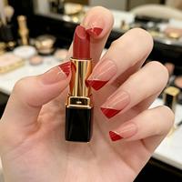 Faux ongles carrés courts élégants rouge nude à French manucure, en ABS, à presser, amovibles, avec rayures pailletées, 24 pièces