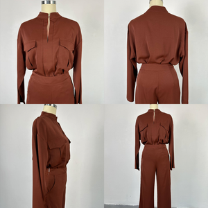 HK6993 Completo Casual da <span class=keywords><strong>Donna</strong></span> Autunnale, Top Corto con Maniche Lunghe e Coulisse, <span class=keywords><strong>Pantaloni</strong></span> Cargo a Vita Alta, Set Coordinato 2 Pezzi - Product Image 4